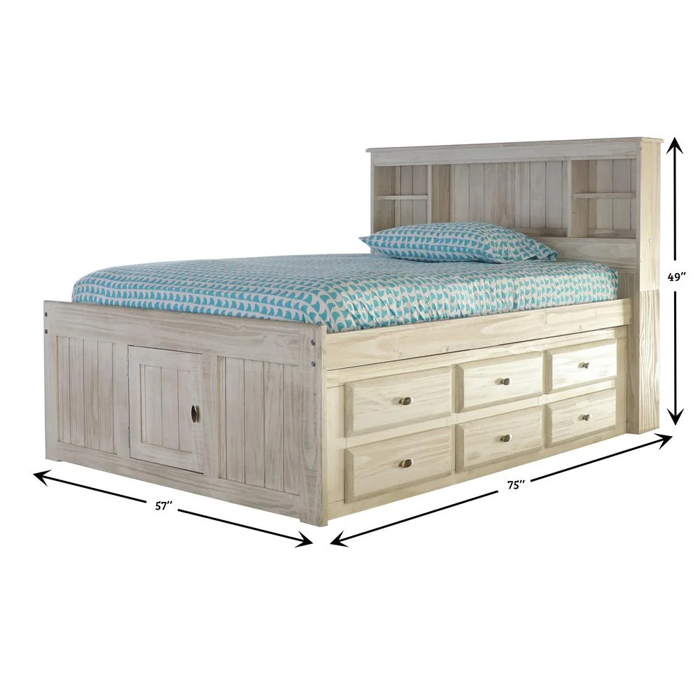 American Furniture Classics OS Home and Office Furniture Model 85221K6-22 Solid Pine Full Captains Bookcase Bed with 6 drawers in Light Ash