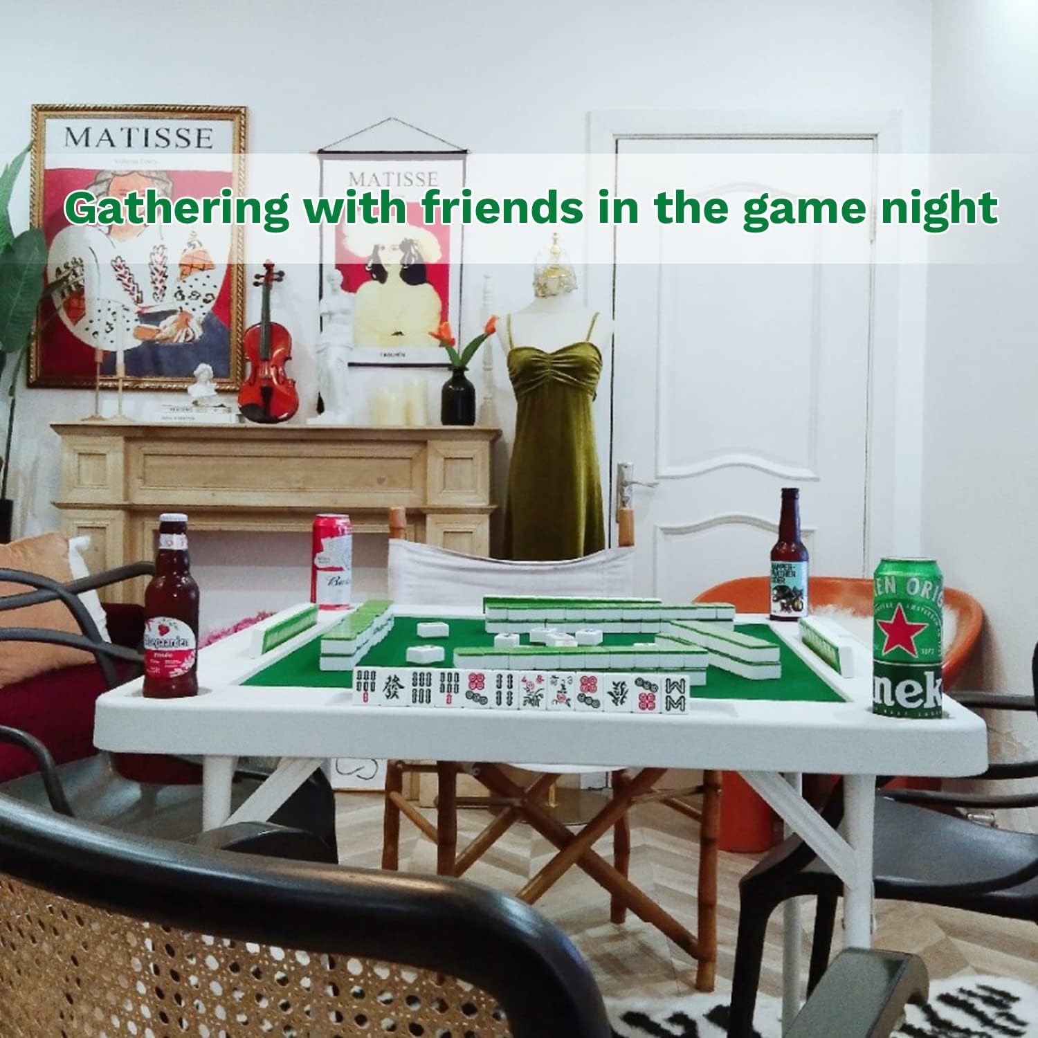 40.2’’ Mahjong Table - Square 4-Player Mahjong Table Foldable with Cup Holders and Trays, Update and Widen Folding Card Game Table with Green Cover Mat for Poker Domino Puzzle