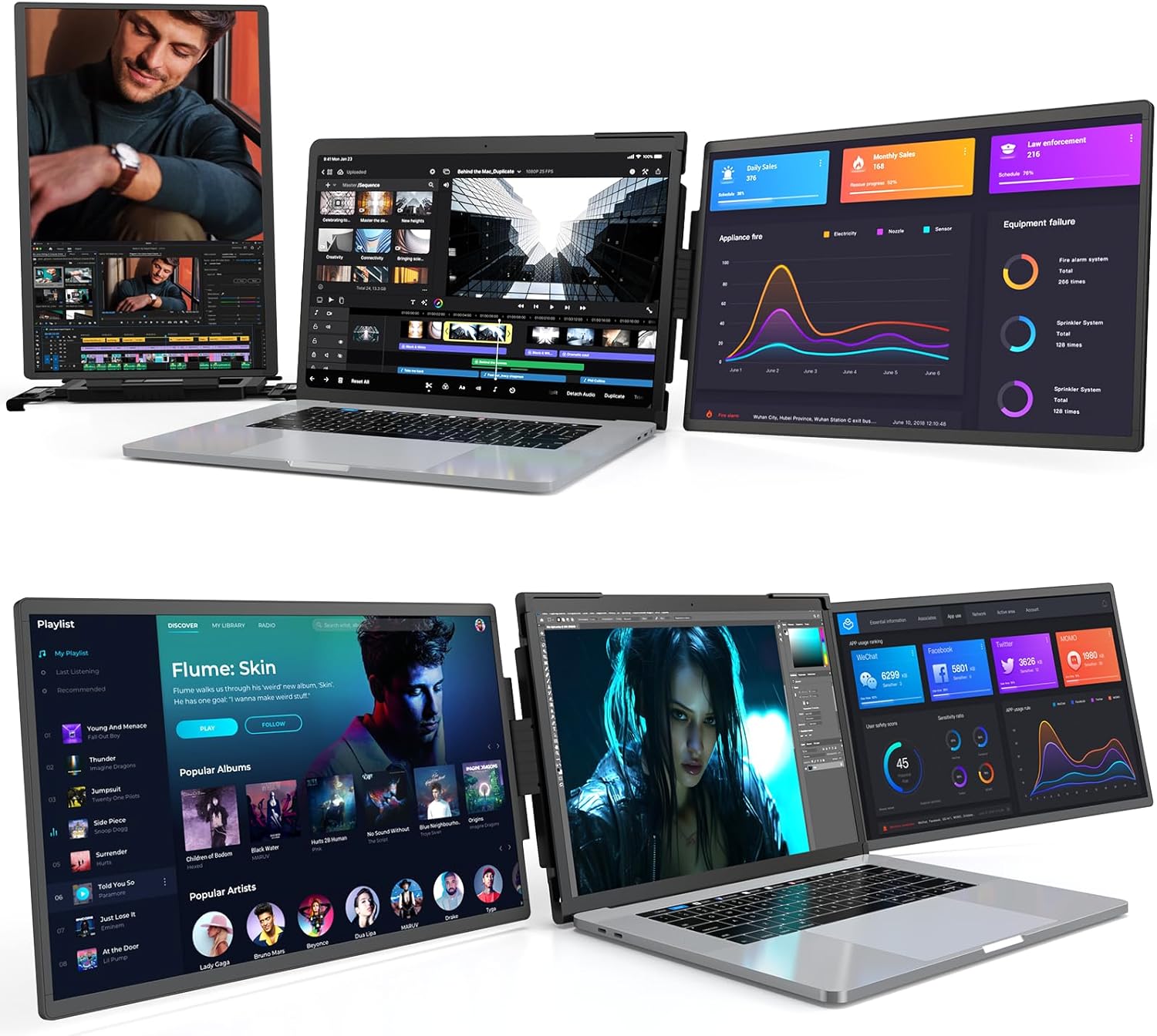 L LIMINK Triple Monitor for Laptop, 14" FHD 1200P Triple Laptop Screen Extender for 13.3-16” Laptops, Laptop Monitor Extender with HDMI & USB C and Plug-Play, for MacOS & Windows - Elite ET14 Pro