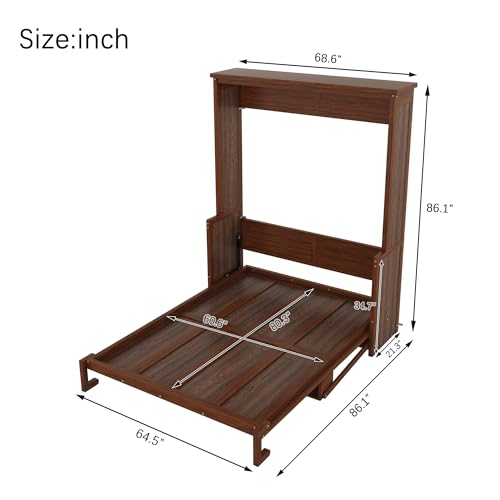 Murphy Bed Wall Bed with Desk, Wood Cabinet Murphy Bed, Space-Saving Hidden Wall Bed with Gas Struts, Walnut