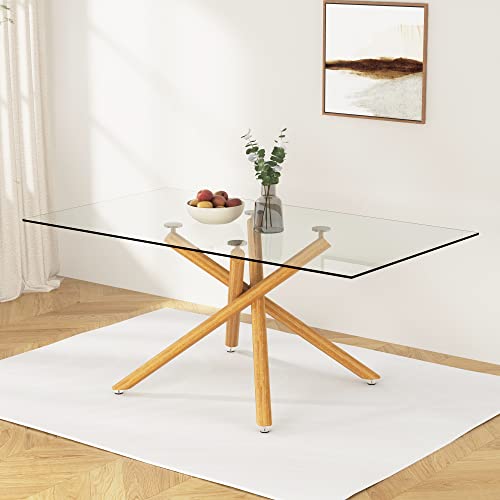 71 Inch Glass Dining Table for 6-8 with Golden Chrome Metal Legs, Tempered Glass Top Dining Table, Rectangular Modern Dining Table for Kitchen, Dining Room, Living Room (Golden + Glass)