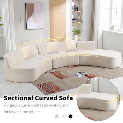 136.6" Stylish Curved Sofa Sectional Sofa Chenille Fabric Sofa Couch with Three Throw Pillows for Living Room, Beige Living Room Sectionals