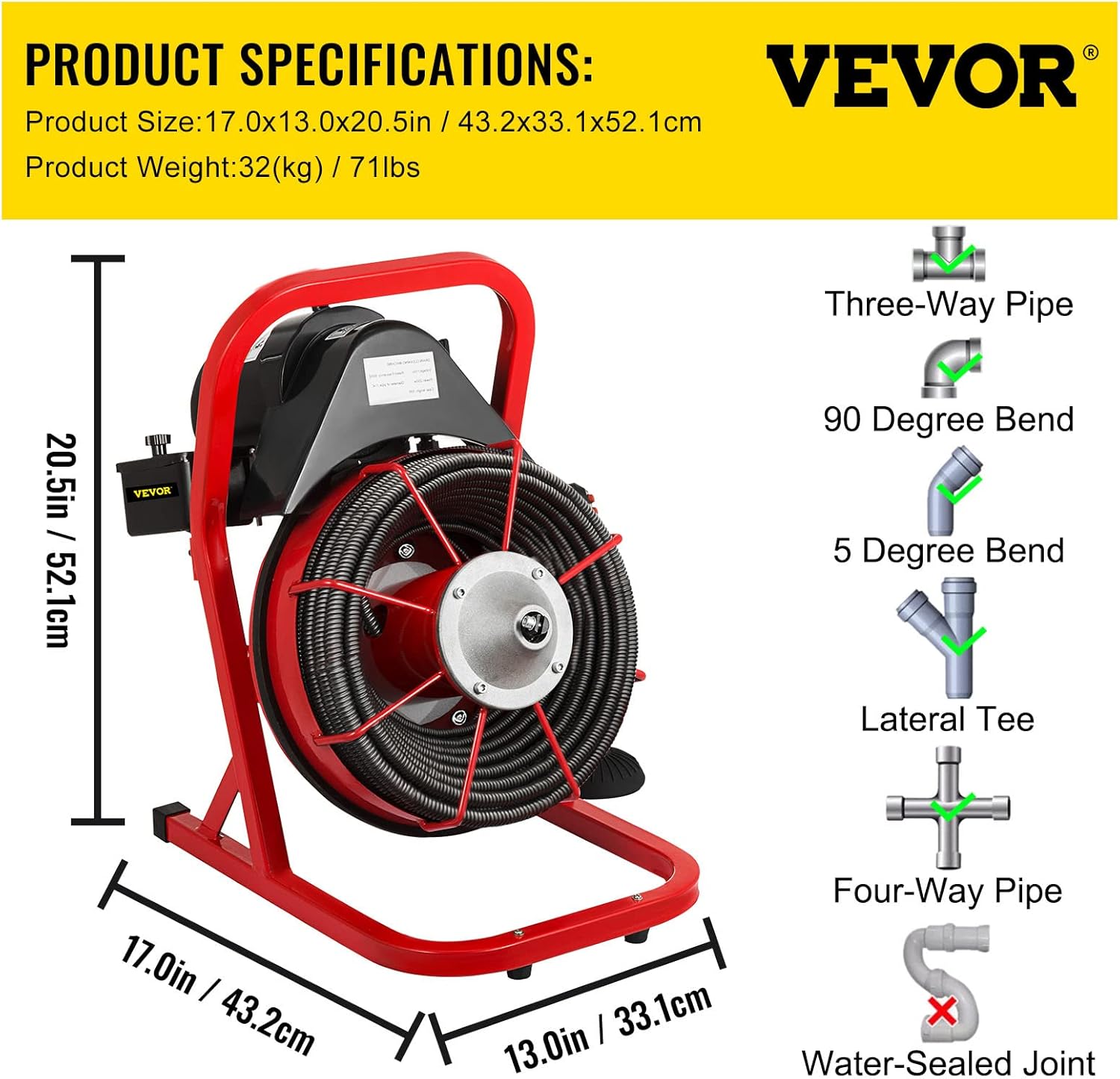 VEVOR 50 Ft x 1/2 Inch Drain Cleaner Machine Best fit 1”(25mm) to 4”(100mm) Pipes Drain Cleaning Machine Portable Drain Auger Cleaner with 4 Cutters Electric Drain Auger Plumbing Tool (50Ft x 1/2In)