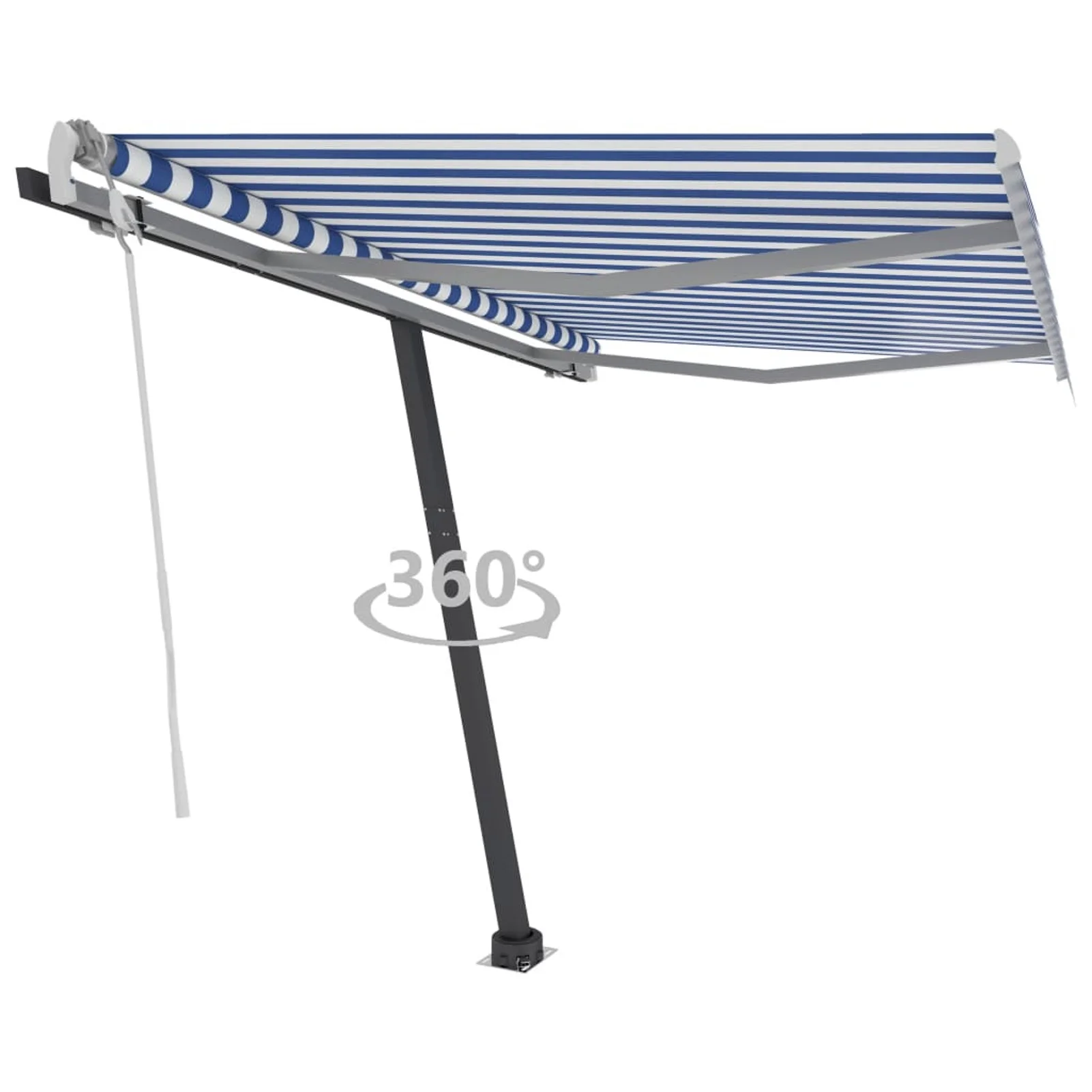 Dcenta Freestanding Manual Retractable Awning with Base Outdoor Canopy Sunshade Shelter Blue and White for Patio, Balcony, Backyard, Garden, Deck 118.1 x 98.4 Inches (W x H)
