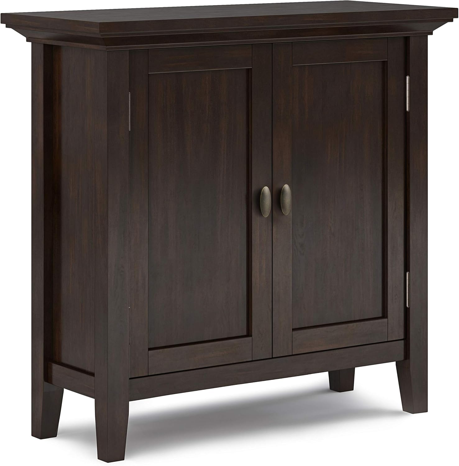 SIMPLIHOME Redmond SOLID WOOD 32 inch Wide Transitional Low Storage Cabinet in Hickory Brown, with 2 Doors, 2 Adjustable Shelves