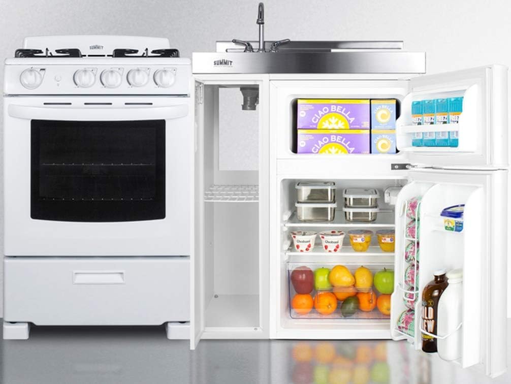 Summit Appliance ACK54GASW 54" Wide All-in-One Kitchenette with 115V 4-Burner Gas Range, Refrigerator-Freezer, Sink, Cutting Board and Cutlery Storage, and a Storage Cabinet