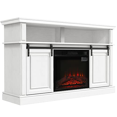 LGHM Fireplace Entertainment Center, White TV Stand for 65 inch with 23'' Electric Fireplace, Highboy Farmhouse Cabinet Sliding Barn Door, Tall Console Living Room, Modern White/Fireplace (502753)