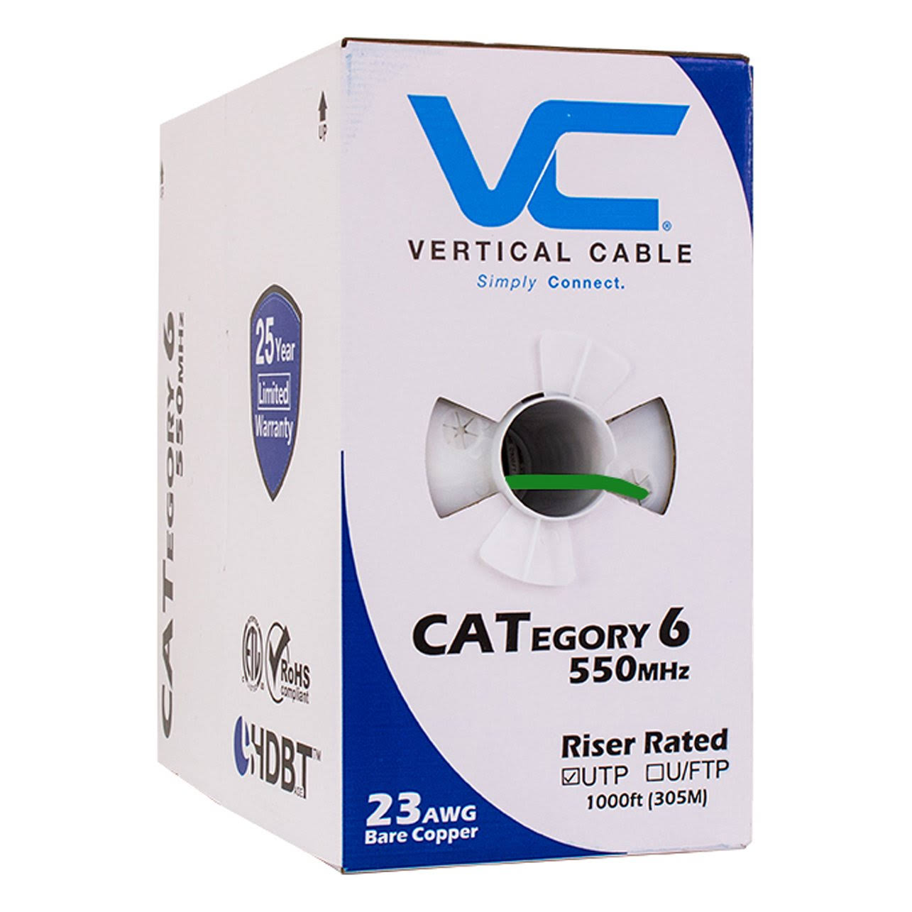 Vertical Cable 1000ft Solid Cat6 Cable - 23AWG 550MHz CMR-Green