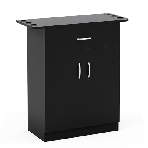 Wall Mount Salon Storage Station Barber Cabinet with Drawer and 2 doors, Hair Stylist Station with 6 Hair Dryer Holders, Beauty Styling Station Organizer Equipment(Black)