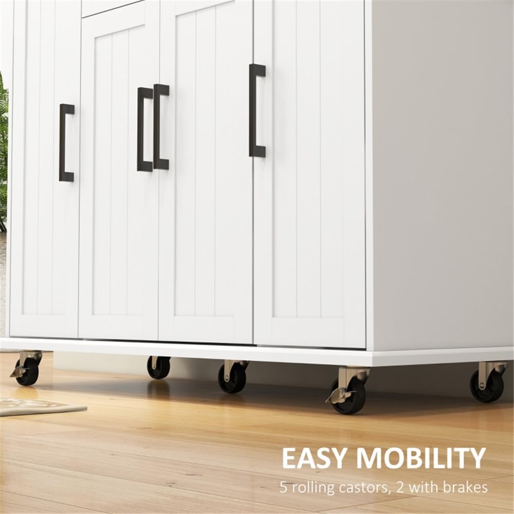 Rolling Kitchen Island on Wheels Kitchen Cart with Solid Wood Drop Leaf Breakfast Bar, 1 Storage Drawer 4-Door Cabinets Spice Rack,White