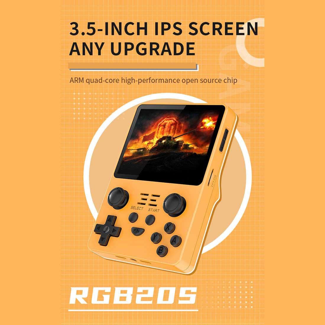 POWKIDDY RGB20S Handheld Game Console, 3.5 Inch IPS Portable Retro Arcade Built-in 20,000 Games, Yellow