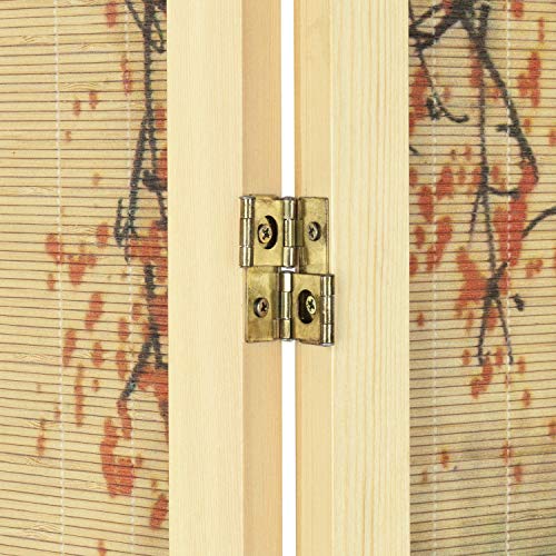 MyGift 4-Panel Folding Bamboo Room Divider Asian-Inspired Cherry Blossom Scene, 6 FT Freestanding Floral Artwork Room Partitioner with Beige Wood Frame