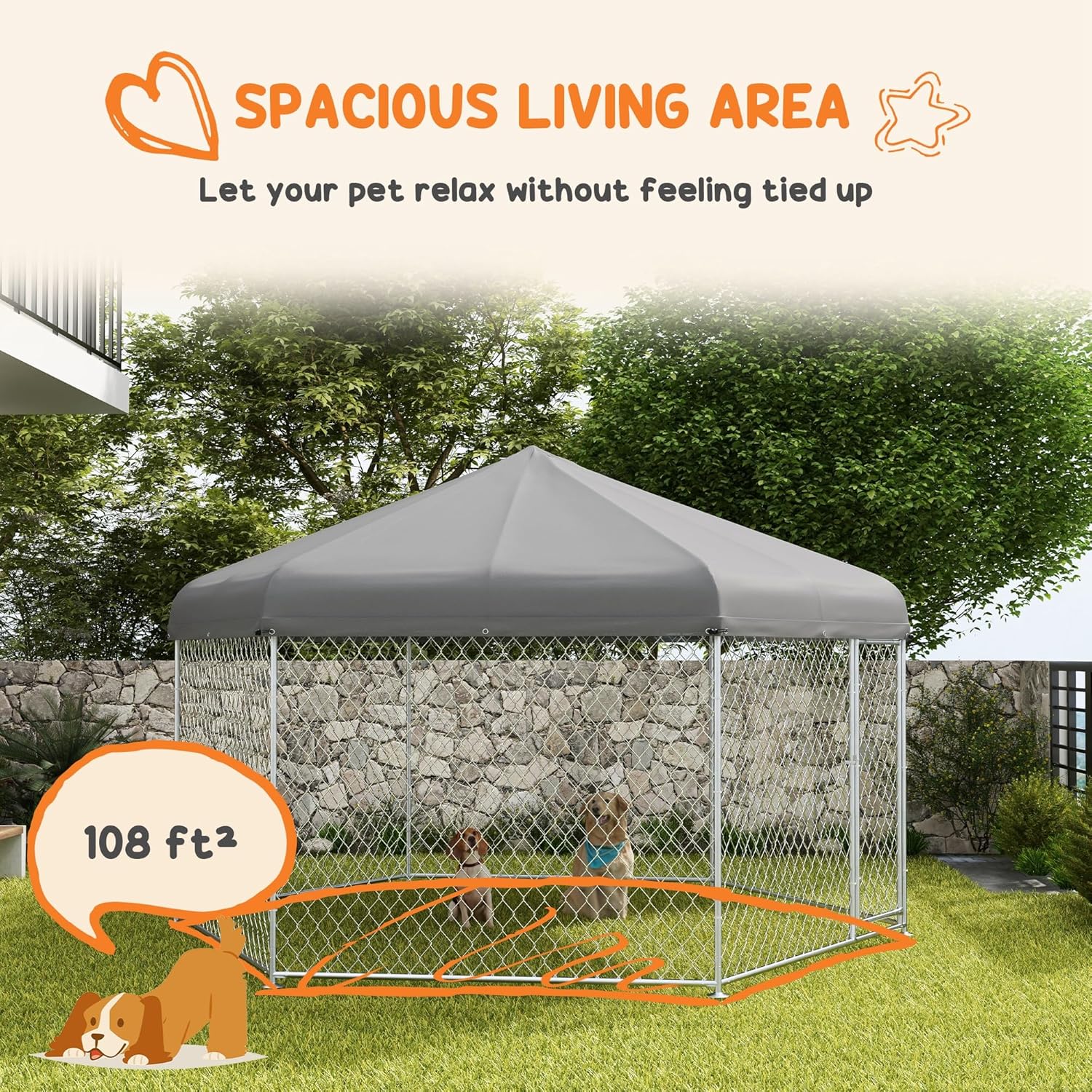 PawHut 13.4' x 11.5' x 8.8' Dog Kennel Outdoor Dog Run with Waterproof, UV Resistant Roof, Lockable Door, for Medium and Large-Sized Dogs, Silver