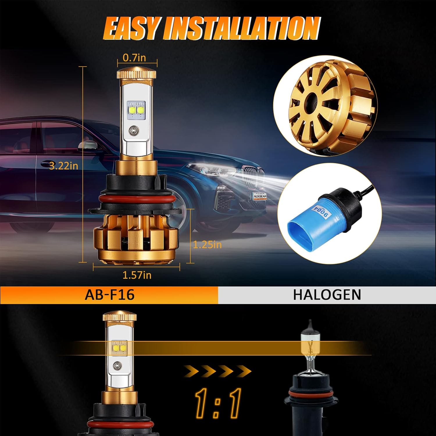 Auxbeam 9004 LED Light Bulbs, 9004 HB1 LED Light Bulbs 50W 5000lm XHP70 LED Chips High Brightness Led Fog Lights F-16 Series Pack of 2