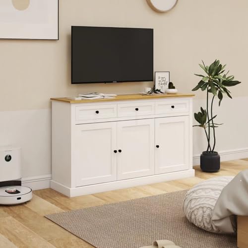 Buffet Cabinet Storage Sideboard Farmhouse Server Bar Wine Cabinet with 3 Drawers & 3 Doors Adjustable Shelves for Dining Living Room White