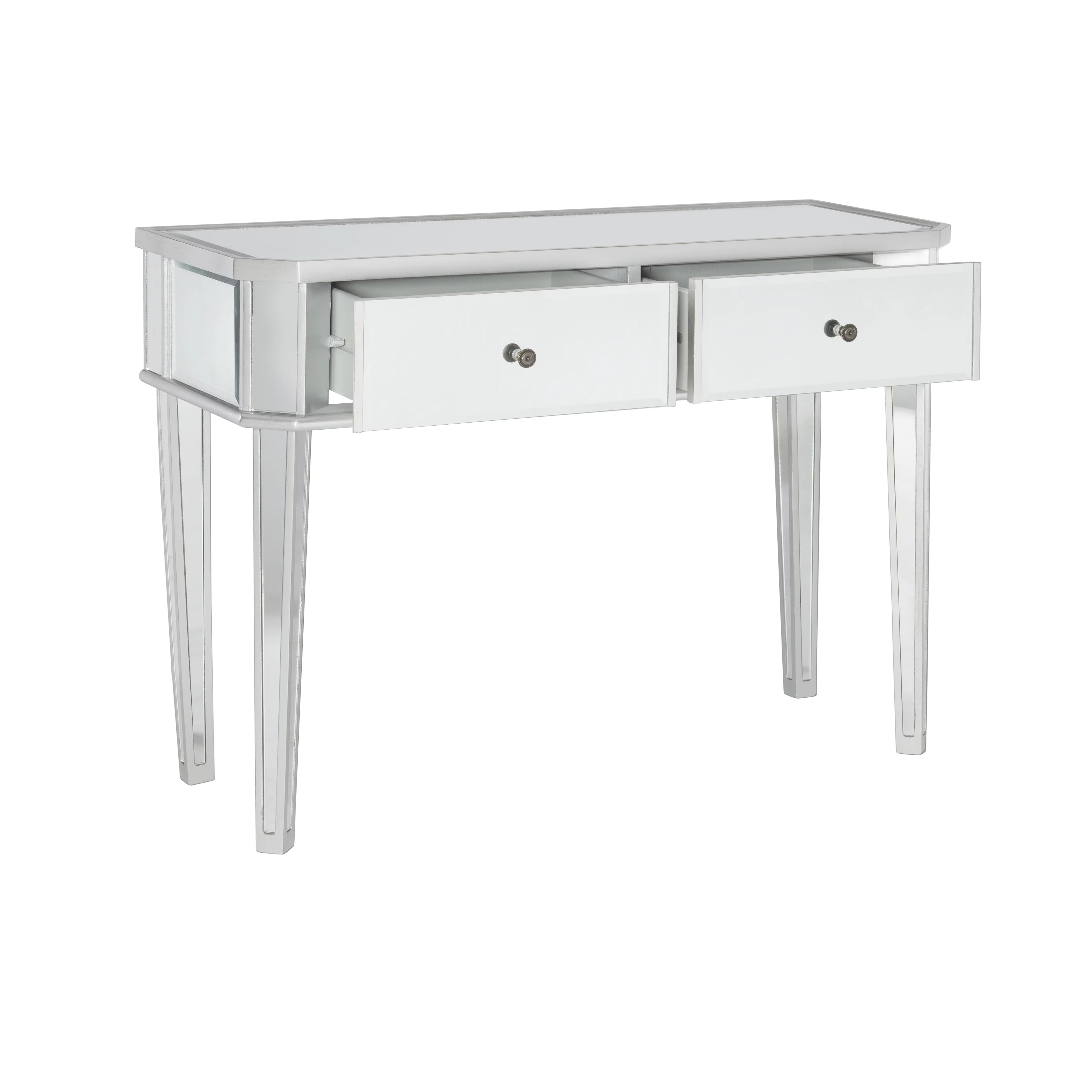 Powell Deville 2-Drawer Indoor Console Table, Mirrored Surfaces and Luxe Silver Wood