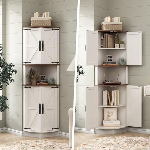 Vabches 64.8" Tall Farmhouse Corner Cabinet with 4 Doors and 5 Storage Shelves, Farmhouse Storage Cabinet with Barn Door Design, Home Space Saver for Living Room, Kitchen, Laundry Room,Grey