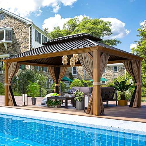 EROMMY 14'x20' Hardtop Gazebo Double Roof Galvanized Steel Canopy Outdoor Aluminum Frame Permanent Metal Pavilion with Netting and Curtains for Patio Backyard Deck and Lawns
