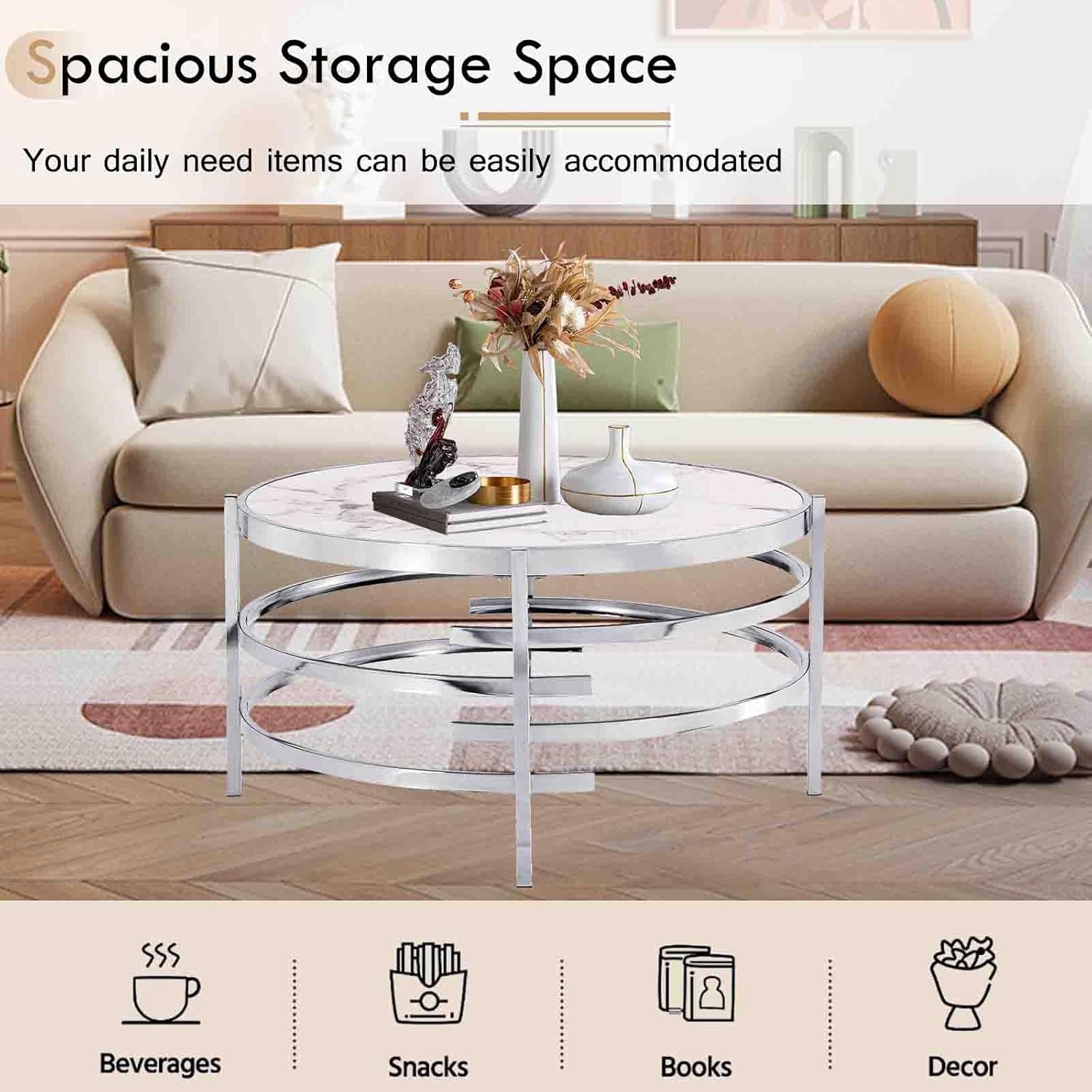 Goujxcy Modern Round Coffee Table, Elegant Coffee Table with Faux Marble Sintered Stone & Irregular Silver Metal Frame, 32.5in Cocktail Tea Table Center Table for Living Room Apartent Small Place