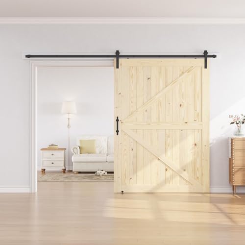 SMARTSTANDARD 36in x 84in Sliding Barn Door with 6.6ft Barn Door Hardware Kit Included, Unfinished Solid Spruce Wood Door, Assembly Required, DIY, Stainable, Natural