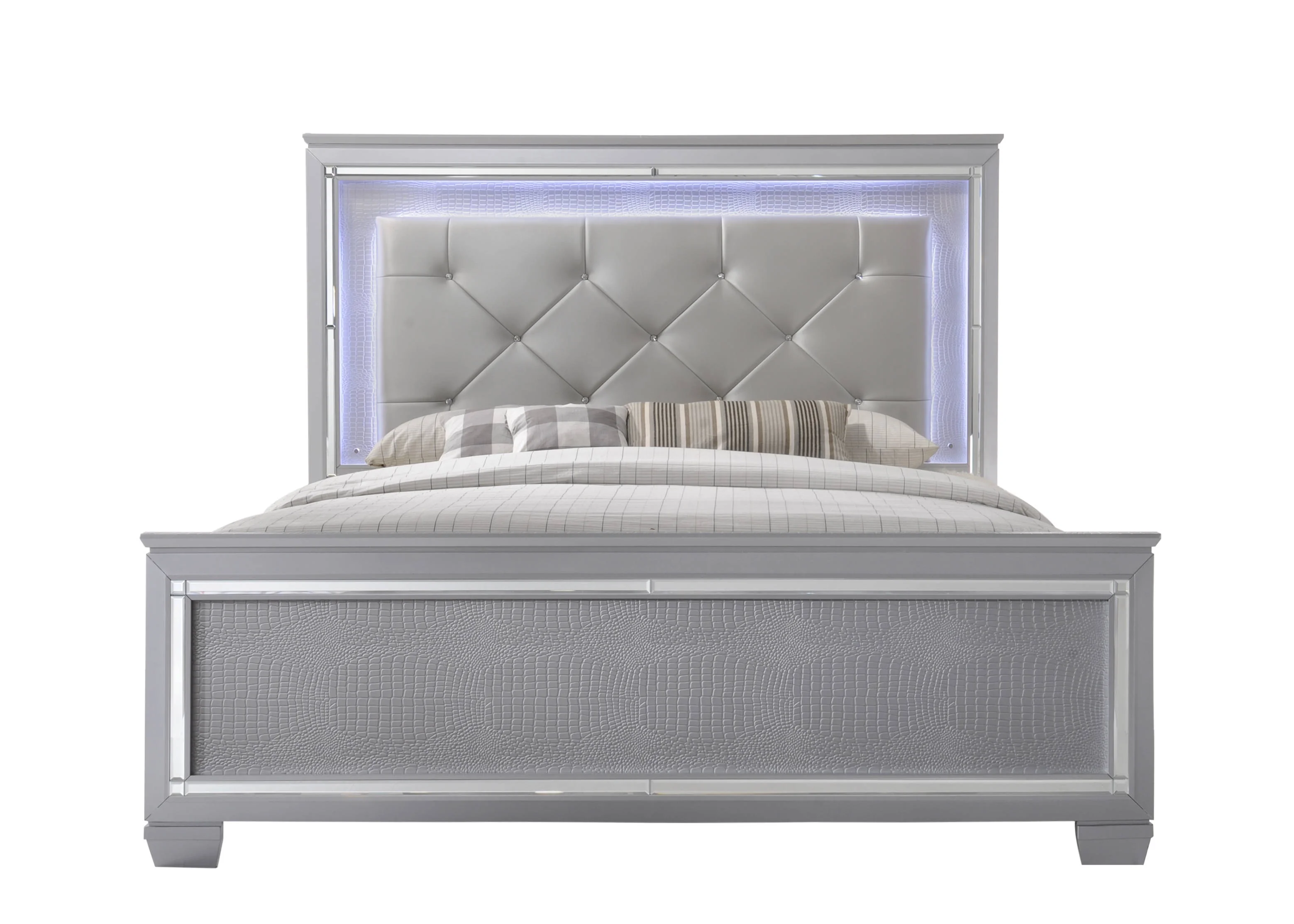 Contemporary Silver Finish 6pc Queen Size LED Backlit Upholstered HB Bed Dresser Mirror Nightstand Chest Wooden Bedroom Furniture Set