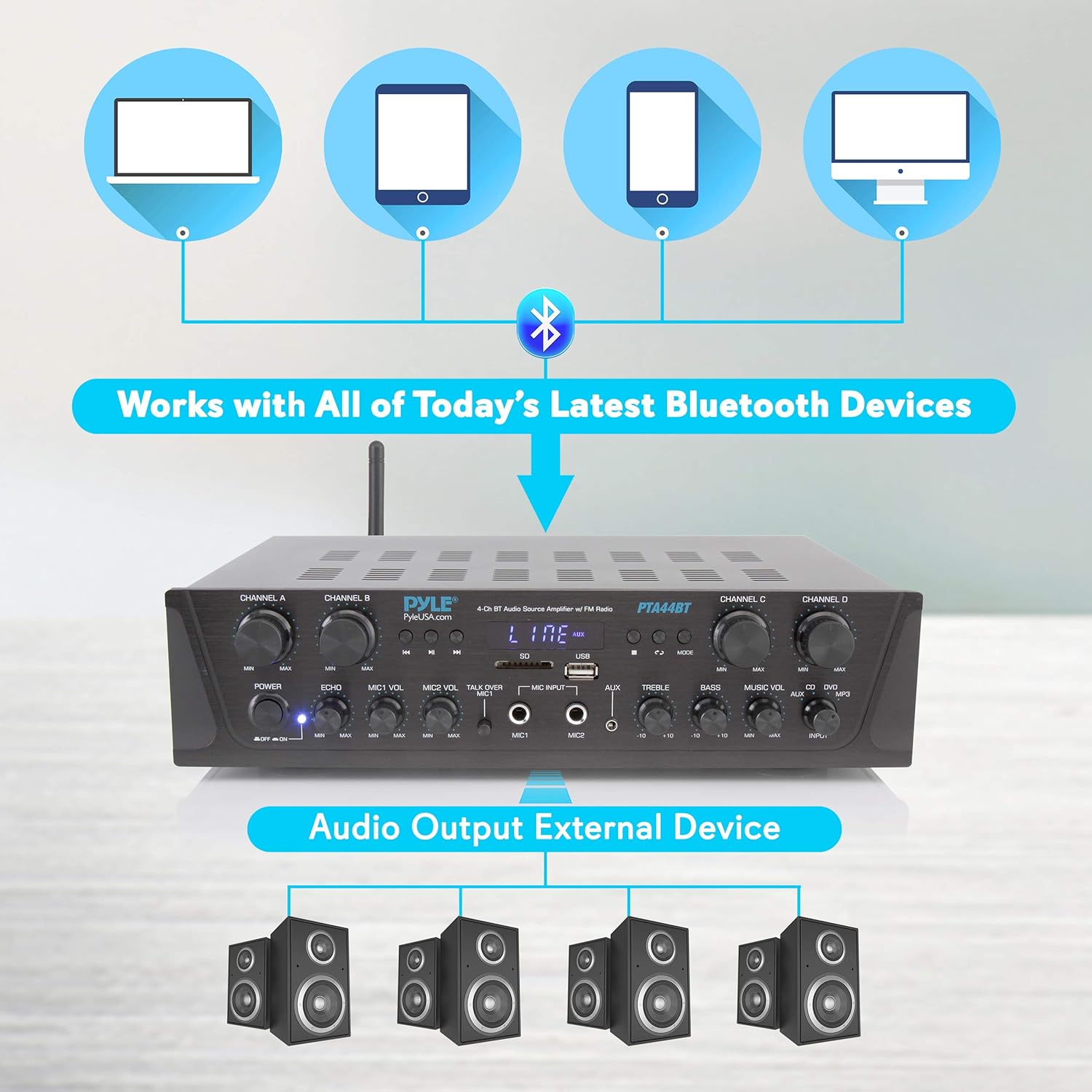 500W Karaoke Wireless Bluetooth Amplifier - 4 Channel Stereo Audio Home Theater Speaker Sound Power Receiver with AUX IN, FM, RCA Subwoofer Speakers OUT, USB, Microphone IN with Echo - Pyle PTA44BT
