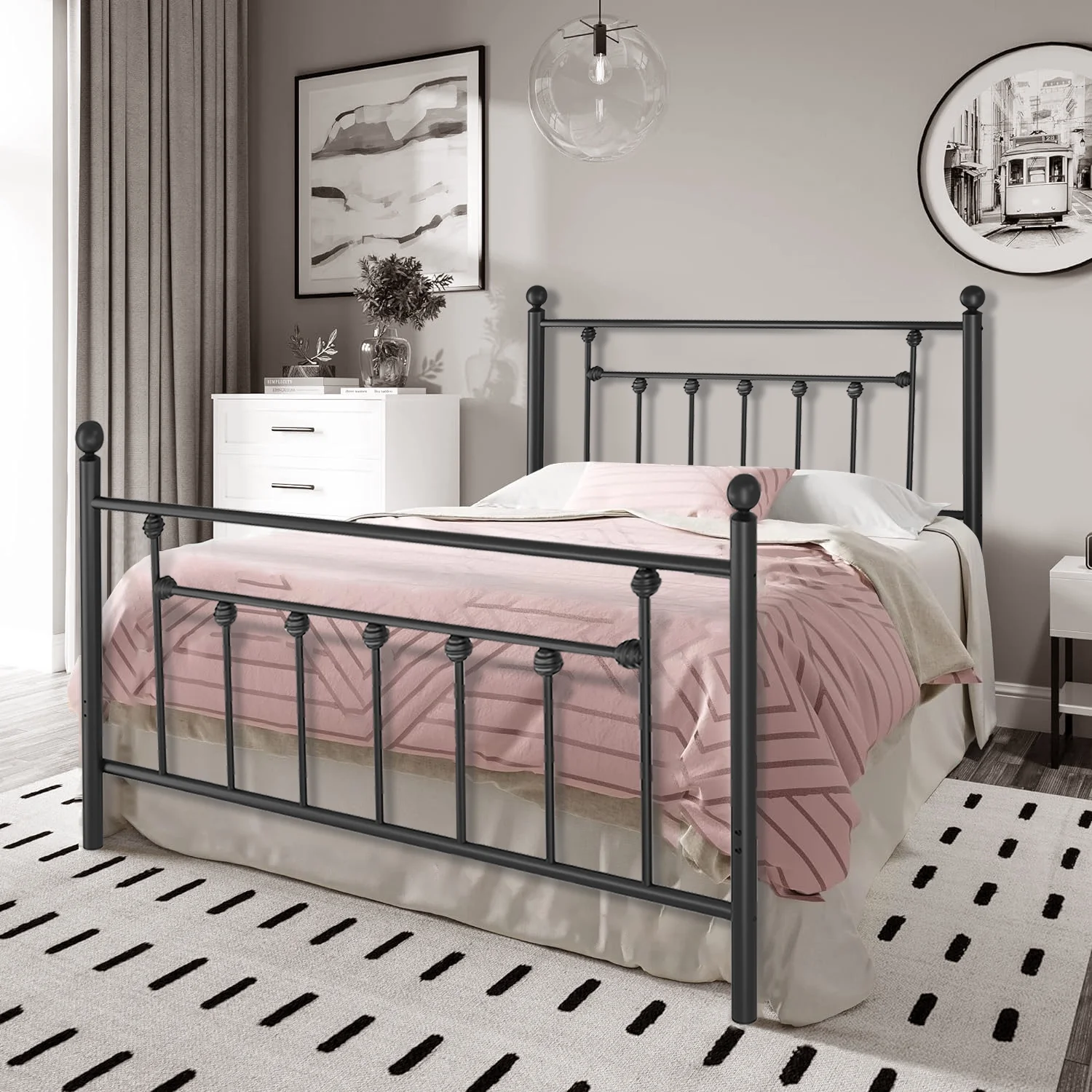 VECELO Metal Bed Platform Frame with Headboard and Footboard, Mattress Foundation, Queen Size, Black