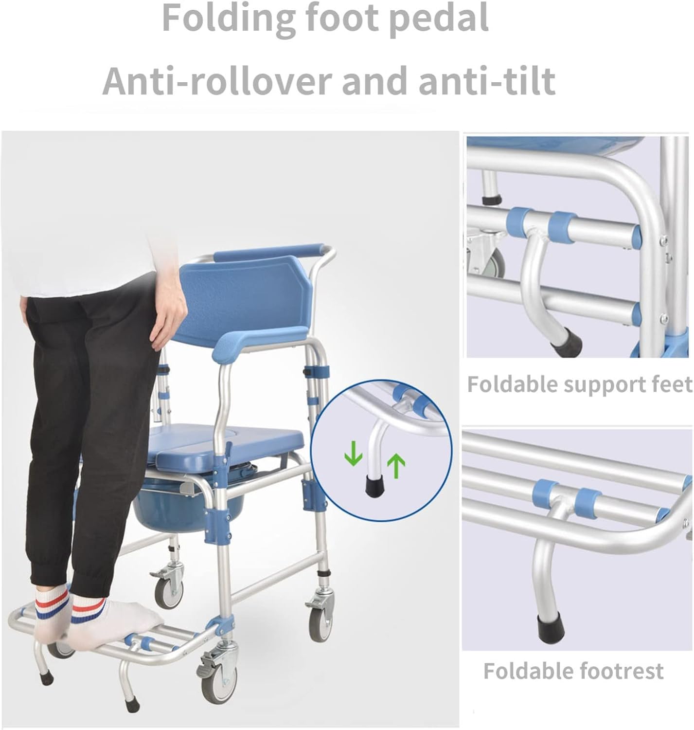 Toilet Chair with Wheeled - Shower Wheelchair - Commode Mobile Chair for Bathroom Toilet - Armrest Can Be Lifted Solid Construction Stable - Easy Assembly for Elderly Disabled Pers