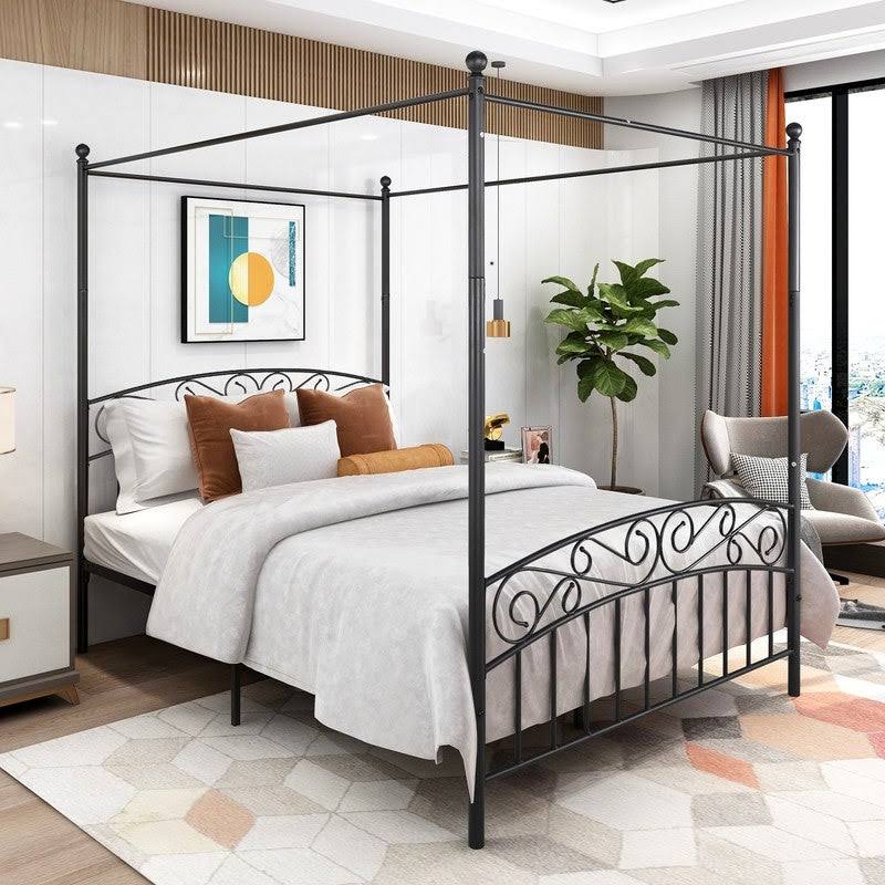 Canopy Bed Frame Queen Size 4 Poster Mattress Foundation Post Corner - Black