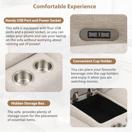 Large Sectional Sofa Couch L-Shaped Recliner Corner Sofa with 2 Power Recliners Storage Box Cup Holders USB Ports and Power Socket, Linen Upholstered Home Theater Reclining Sofa for Living Room, Beige