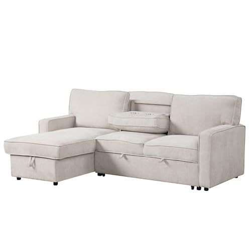 89" W Pull Out Sofa Bed, Upholstery Sleeper Sofa Couch with Storage Space, USB Port, 2 Cup Holders for Living Room - Gray