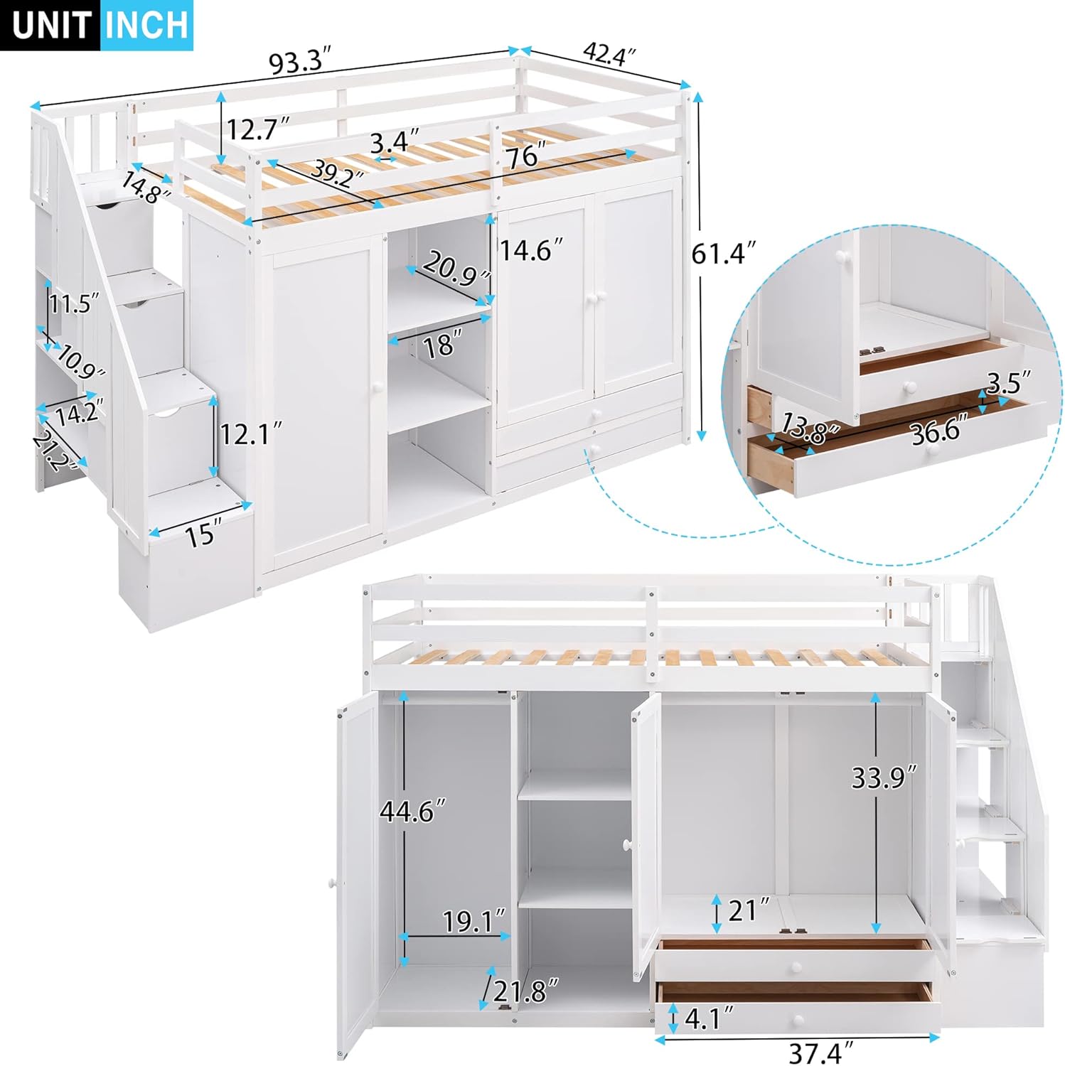 Functional Twin Loft Bed with 3 Shelves, Two Wardrobes and 2-Tier Large Drawers, Space-Saving Loftbed with Storage Ladder & Full-Guardrails for Kids Teens Adults, No Box Spring Needed, White
