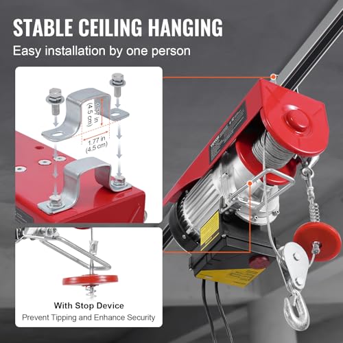 VEVOR Electric Hoist, 2200 lbs Lifting Capacity, 1600W 110V Electric Steel Wire Winch with Wireless Remote Control, 40ft Single Cable Lifting Height & Pure Copper Motor, for Garage Warehouse Factory