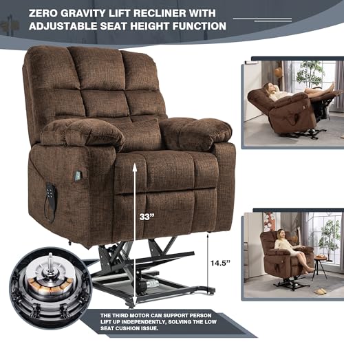 Light Grey Recliner Chair for Elderly | Tall and Big Man 400lbs | Chenille | Power Lift, Lay Flat, Stand Up, Wireless Charging Device, Extended Footrest, Massage Heat, Cup Holder, Lumbar Pillow