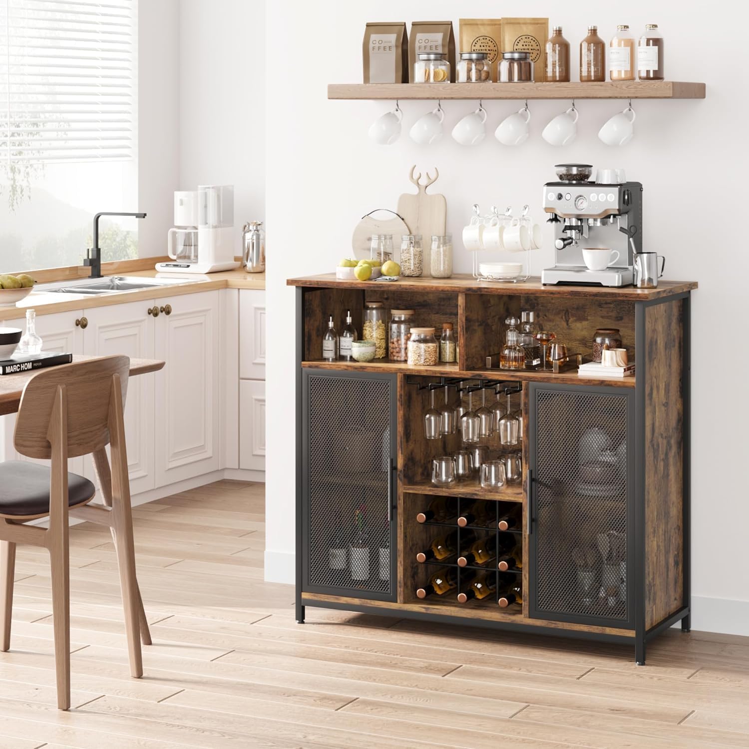 GAOMON Coffee Bar Cabinet, Industrial Buffet Storage Cabinet with Mesh Doors and Adjustable Shelves, Sideboard Buffet Table for Kitchen Living Dining Room, Rustic Brown