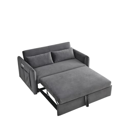 55" Convertible Sleeper Sofa Bed with 2 Pillows and 2 Detachable Pockets, Modern Velvet Upholstered Loveseat Sofa Couch with Pull Out Bed and Adjustable Backrest, Multifunctional 2-Seater Sofa, Blue