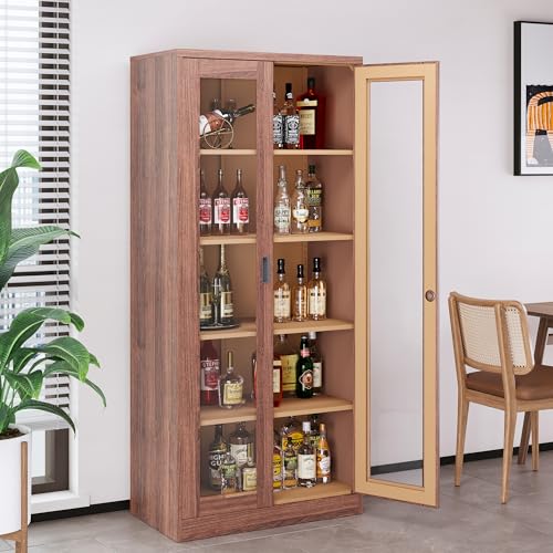 Glass Display Cabinet Liquor Cabinet with Lock,Tall Bookcase Metal Glass Storage Cabinet with 4 Adjustable Shelves,5-Tier Curio Cabinet for Home,Study,Living Room and Office (White)