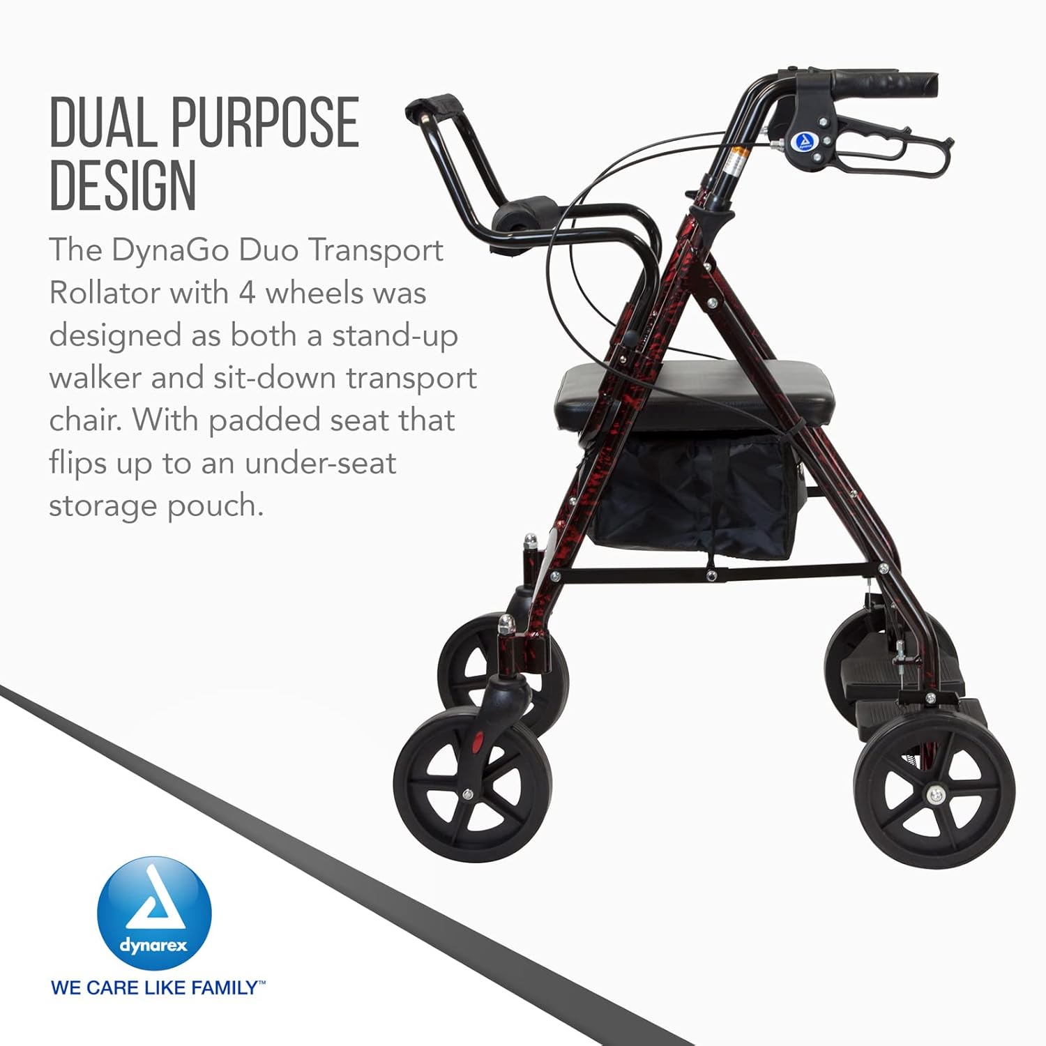 Dynarex DynaGo Duo Transport 4 Wheel Rollator - Stand-Up Rolling Walker and Seated Transport Wheelchair - Fold-Down Footrests, 300 lb. Weight Capacity, Red Frame, 1 Rollator