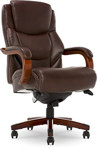 La-Z-Boy Delano Big & Tall Executive Office Chair, High Back Ergonomic Lumbar Support, Bonded Leather, Black with Weathered Gray Wood