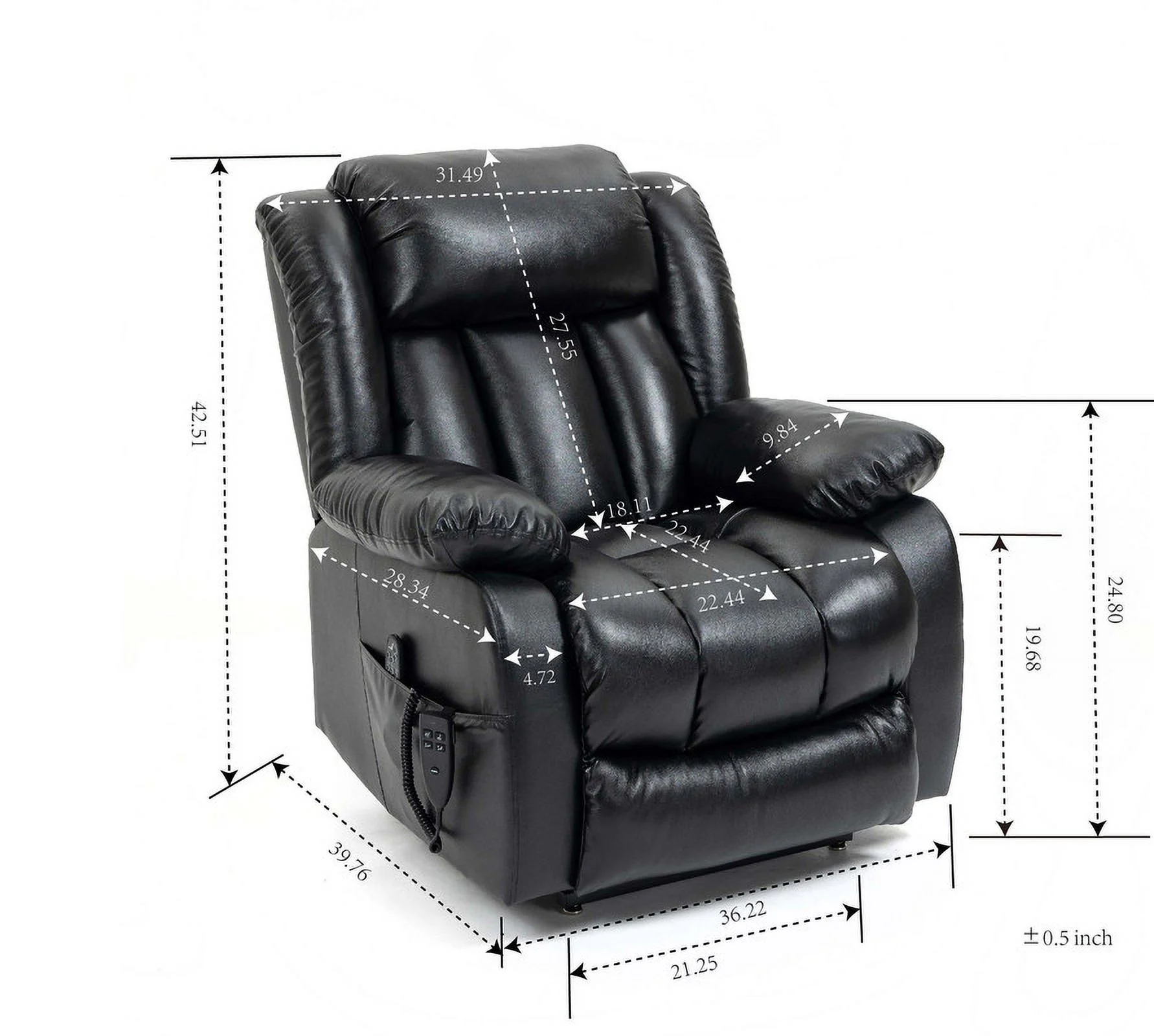 Oversized Dual Motor Lay Flat Power Lift Recliner Chairs for Elderly Adults,Black Leather Electric Recliners Chair with 8-Point Vibration Massage Lumbar Heating,2 Side Pocket,23" Seat Width