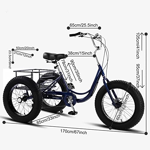 20 Inch Fat Tire Adult Tricycles 3 Wheel Bikes 7 Speed Adult Trikes Three-Wheeled Cruiser Bicycles Large Cruiser Seat with Shopping Basket for Seniors, Women, Men