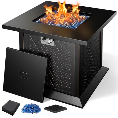 Ciays 42 Inch Gas Fire Pit Table, 60,000 BTU Propane Pits for Outside with Steel Lid and Lava Rock, 2 in 1 Firepit Table Gatherings Parties on Patio Deck Garden Backyard, Black