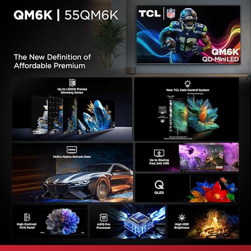 TCL 65-Inch Class QM6K Series QD-Mini LED 4K UHD Google Smart TV Best Value Mini-LED TV - QLED, 144hz, 288hz Gaming Rate, High Contrast Screen, Onkyo Audio, Dolby Atmos (65QM6K, 2025 Model)