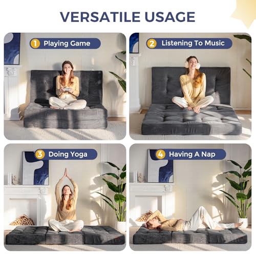 MAXYOYO Tri-Fold Mattress, 6 Inch Tufted Folding Mattress Full Foam Bed, Foldable Floor Mattress Guest Bed Mattress Topper Portable Camping Sleeping Bed with Corded Fabric, Black, 53"x75"