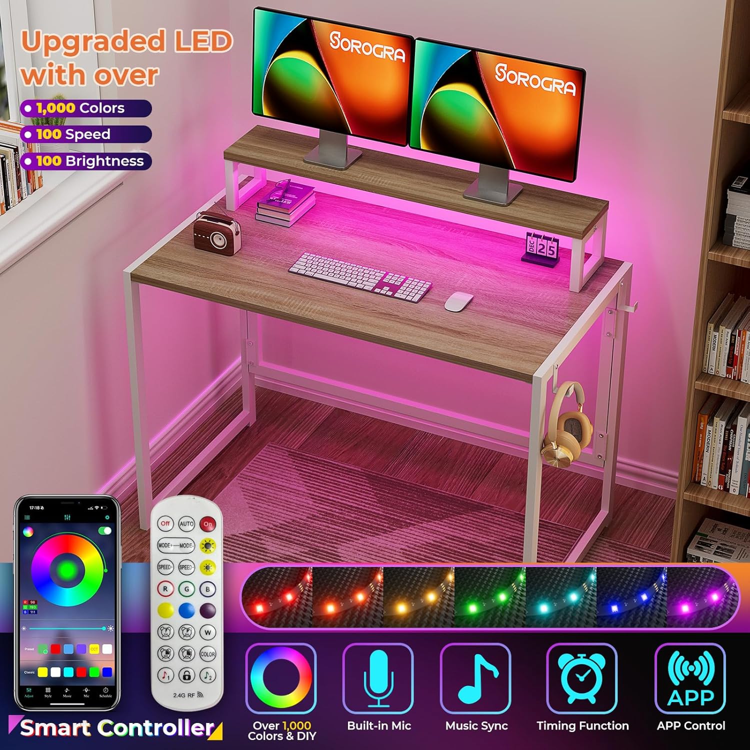 Coavas 31.5 inch Folding Desk No Assembly Required, SOROGRA Folding Desk Small Foldable Desk 31.5 inch with Led Lights for Small Space