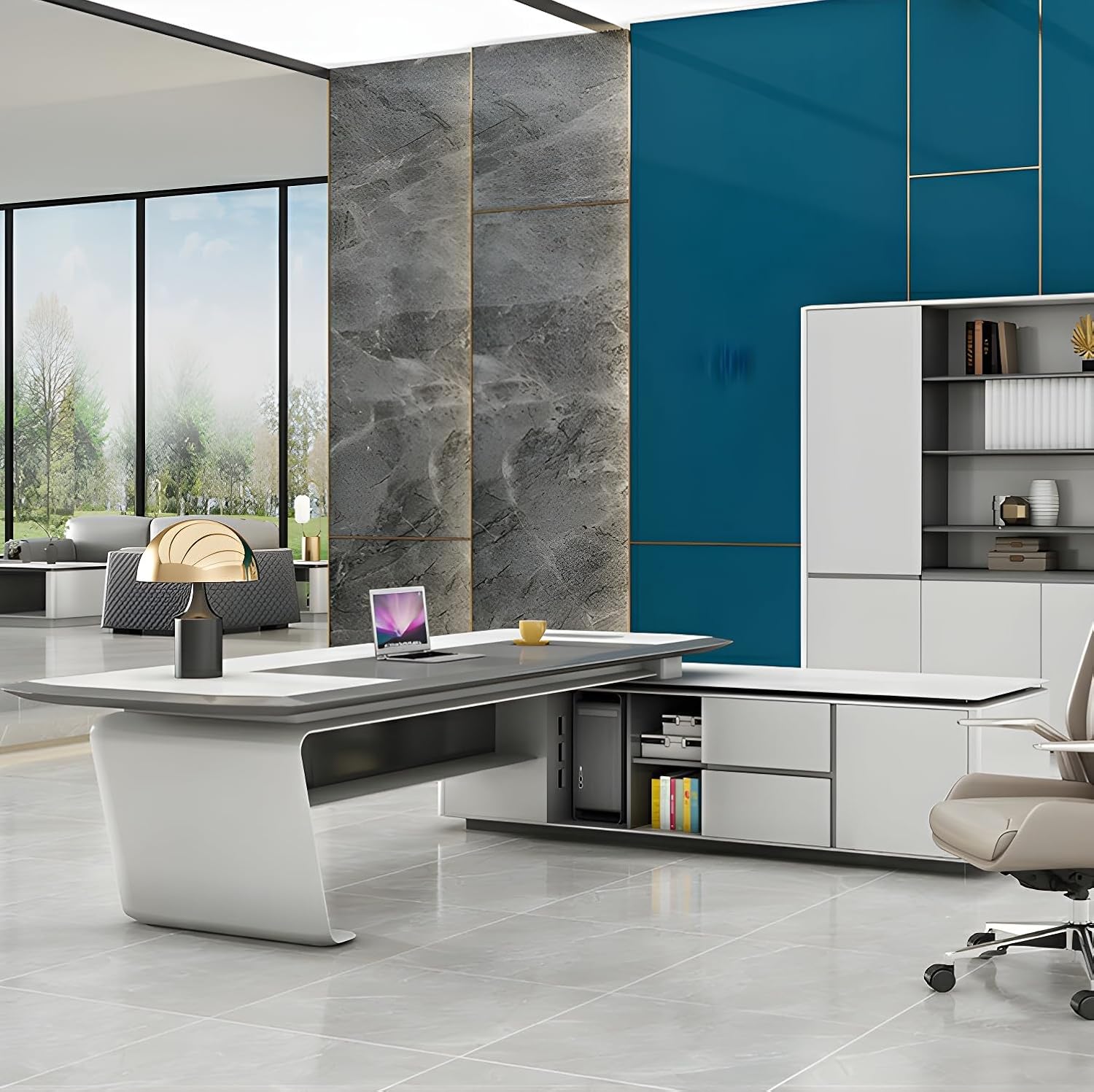 Modern White L-Shape Executive Desk with Cable Management and Built-in Storage, Piano Inspired L-Shaped Workstation Home Office Desk 94.5" L x 31.5" W x 29.5" H, Right Hand Return