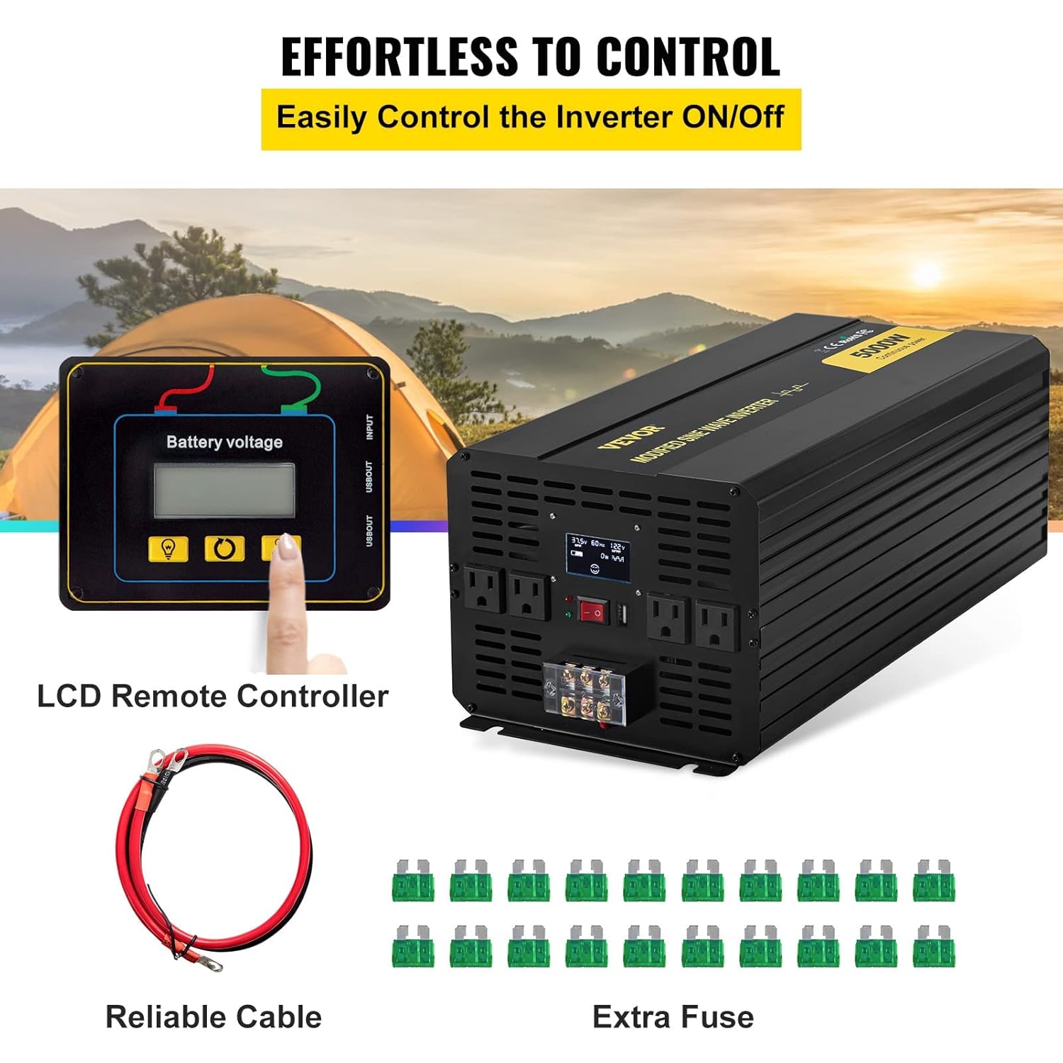 VEVOR Power Inverter, 5000W Modified Sine Wave Inverter, DC 12V to AC 120V Car Converter, with LCD Remote Controller, LED Indicator, AC Outlets Inverter for Truck RV Car Boat Travel Camping Emergency