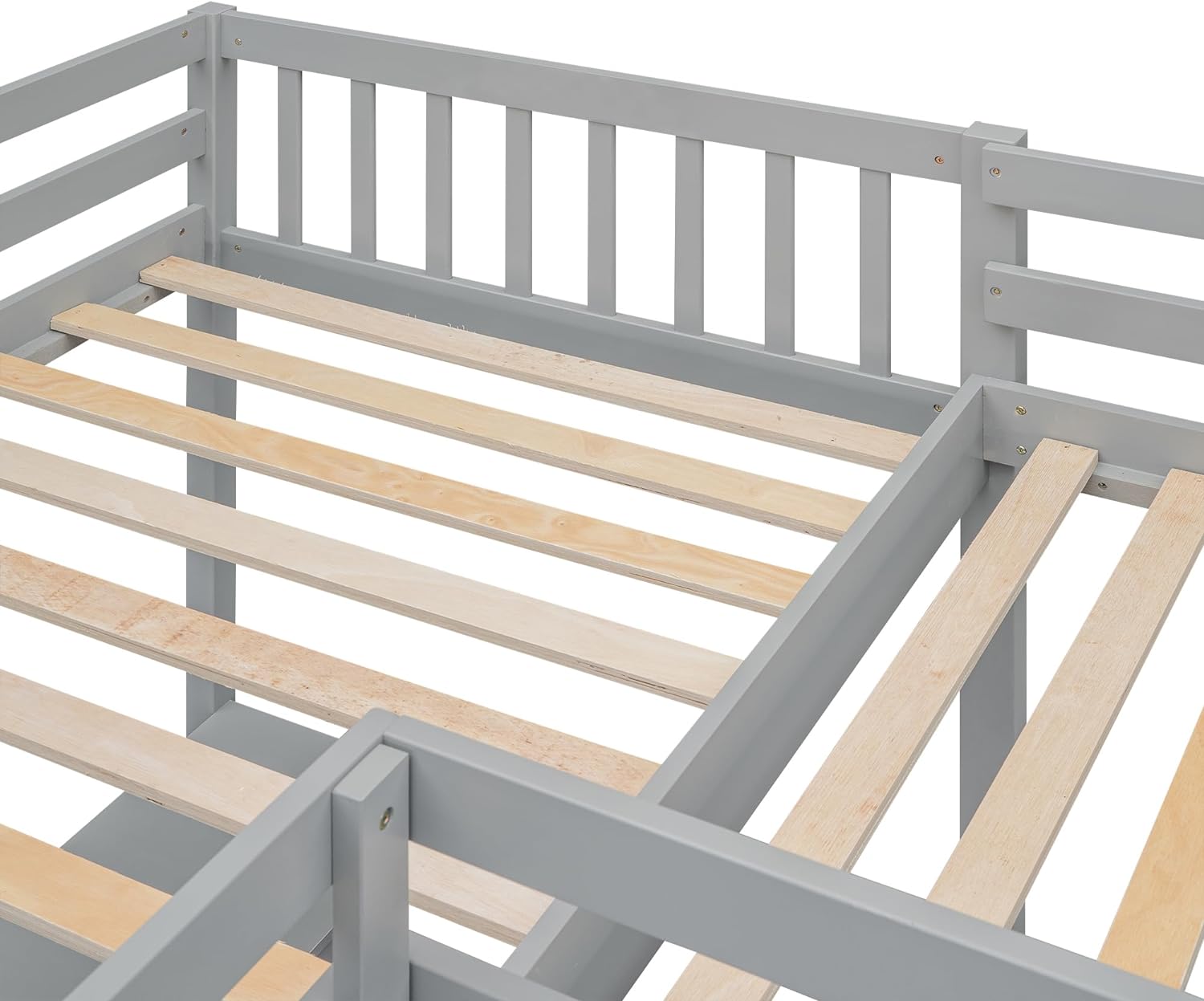 L-Shaped Double Twin Size Loft Beds for 2, Wooden Double High Loft Bed Frame with 2 Built-in Desks and Ladder for Kids, Teens, Adults, Gray