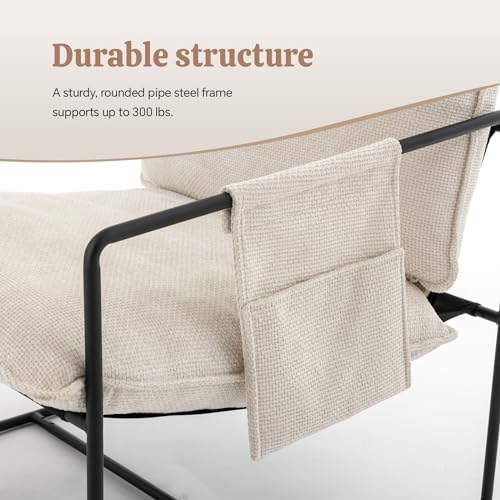 Sling Accent Chair Set of 2 Mid Century Modern Accent Chair with Metal Frame,Upholstered Reading Armchair with Side Pocket for Living Room,Bedroom (Beige)
