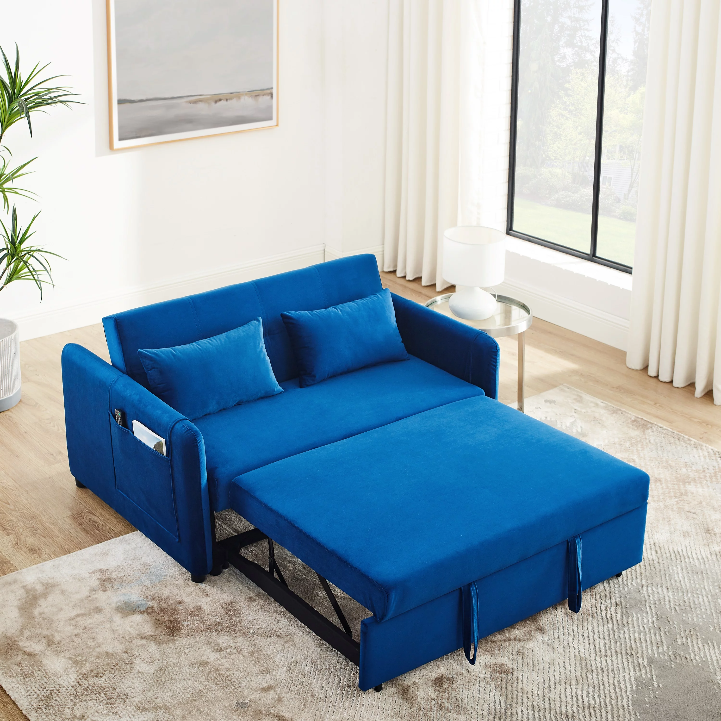 Modern Velvet Pull Out Convertible Sleeper Sofa Bed, Folding Loveseat Futon Couch with Adjustable Backrest Lumbar Pillows for Living Room Bedroom Office - Curated Treasures Market